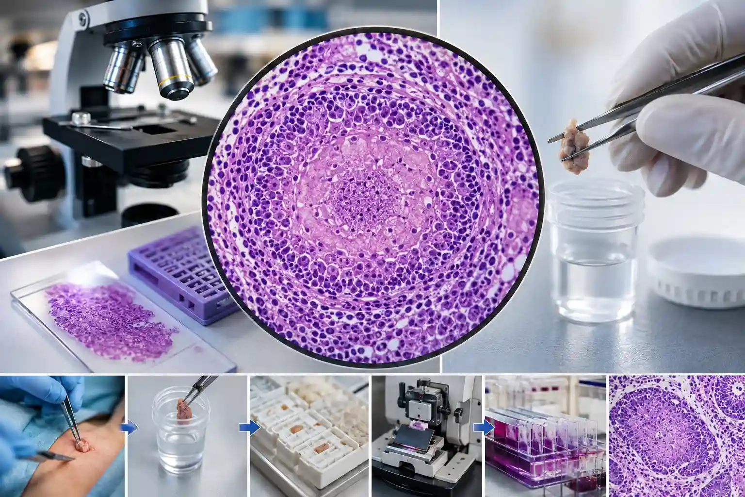 Histopathology of a granuloma: an organised cluster of immune cells under the microscope